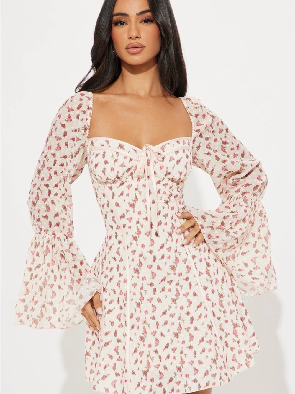 Fashion Nova Cream Mini Dress with Pink Floral Print